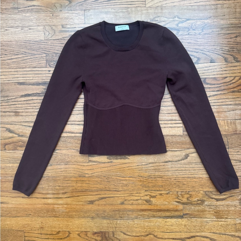 Babaton sculpt Rib Knit Corset Detail Dark Brown Long Sleeve Top small like new